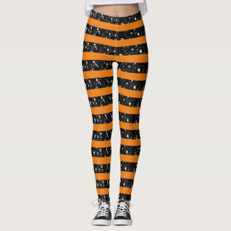 Halloween Black sparkles stripes lines on orange  Leggings