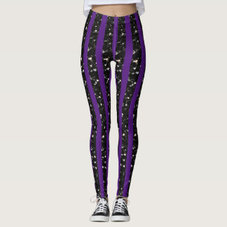 Halloween Black sparkles stripes lines on purple  Leggings