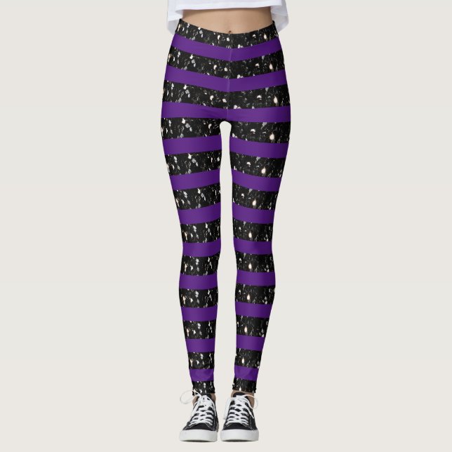 Halloween Black sparkles stripes lines on purple  Leggings (Front)