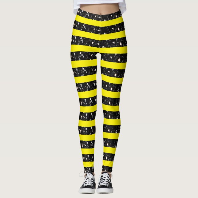 Halloween Black sparkles stripes lines on yellow  Leggings (Front)