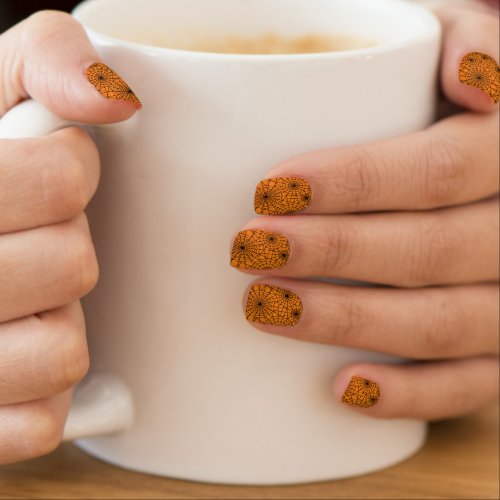 Halloween black spiderweb orange background minx nail art