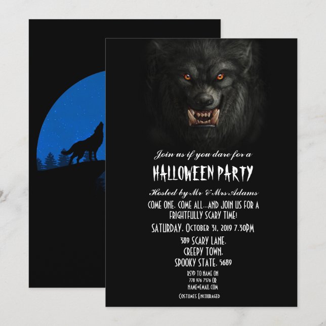 Halloween Black Spooky Werewolf Gothic Party Invitation (Front/Back)