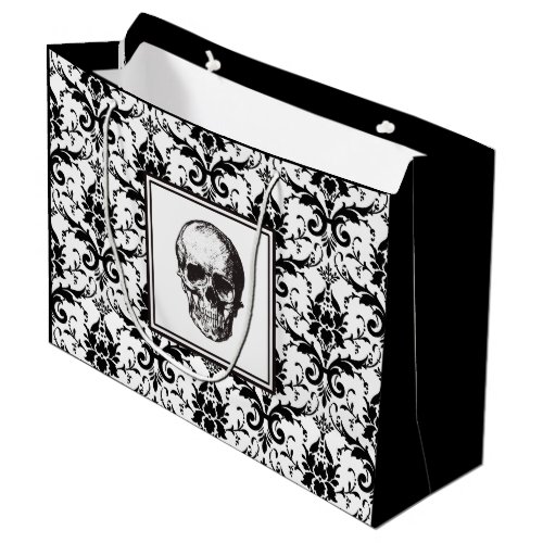 HALLOWEEN Black Vintage Damask Pattern Skull Large Gift Bag
