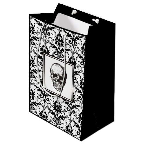 HALLOWEEN Black Vintage Damask Pattern Skull  Medium Gift Bag