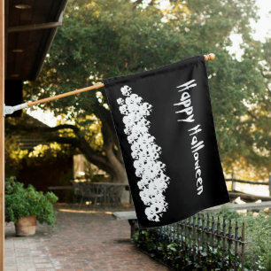 Halloween black white custom text skulls pile house flag