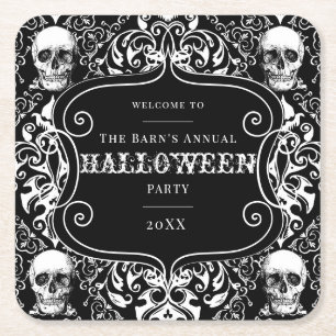 Halloween Black White Damask Skull Gothic Custom Square Paper Coaster