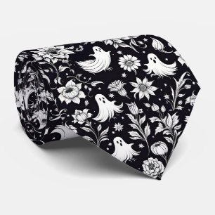 Halloween Black & White Ghosts Floral Neck Tie