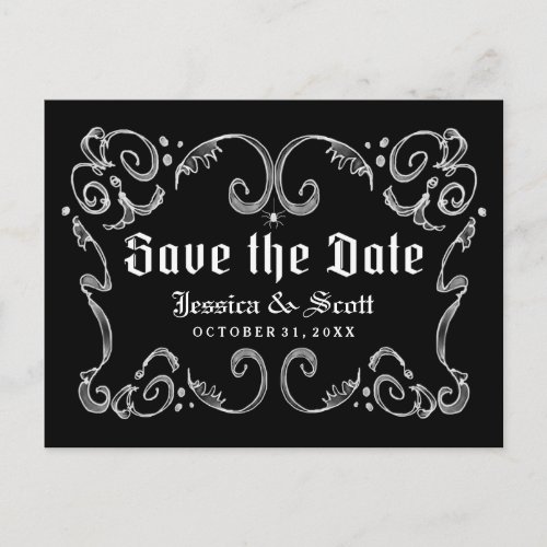 Halloween Black White Gothic Scroll Save the Date Announcement Postcard