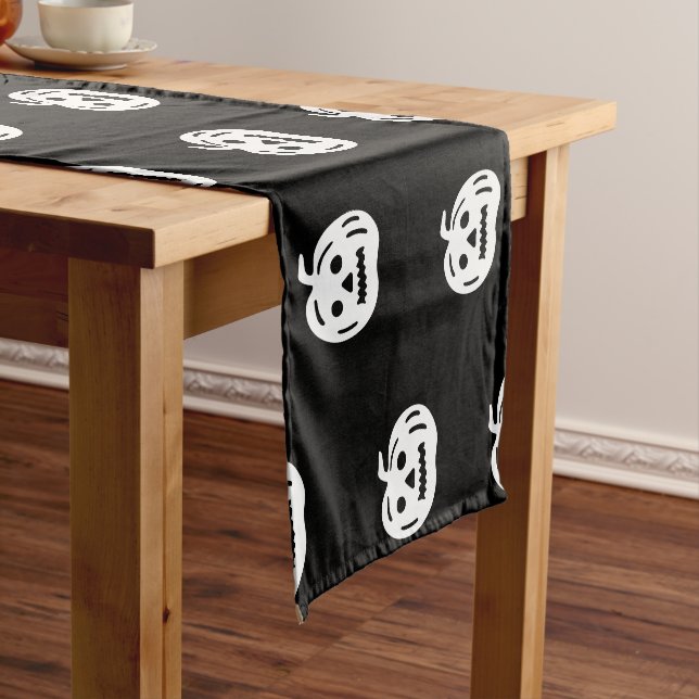 Halloween black white jack o lantern pattern short table runner (In Situ)