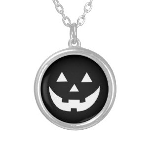 Halloween black white Jack o lantern pumpkin face Silver Plated Necklace