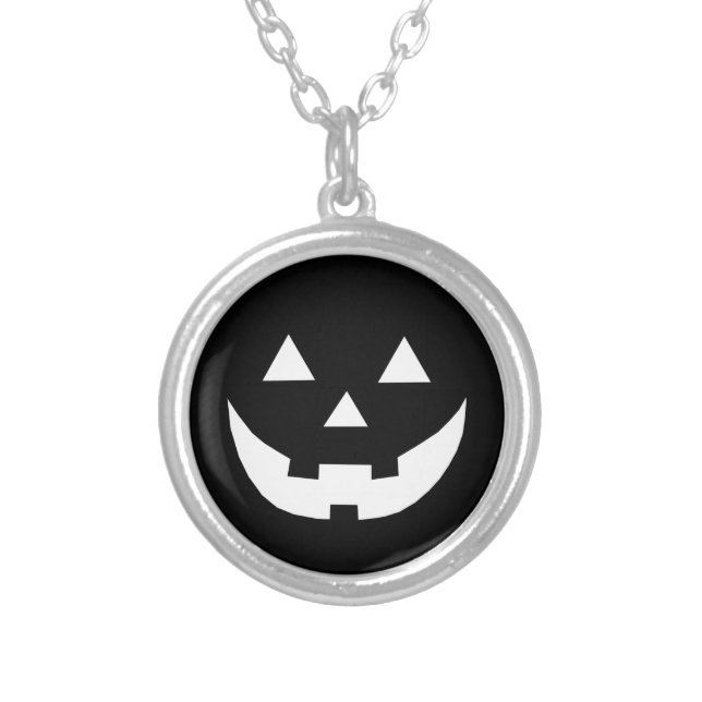 Halloween black white Jack o lantern pumpkin face Silver Plated Necklace (Front)