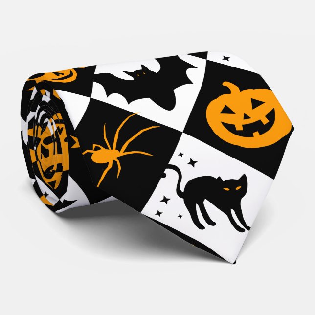 Halloween Black White Orange Harlequin Pattern Neck Tie (Rolled)