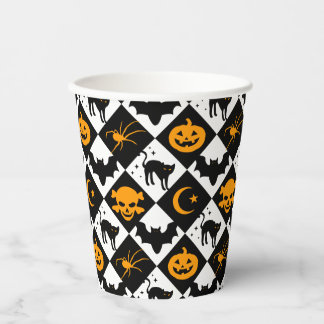 Halloween Black White Orange Harlequin Pattern Paper Cups