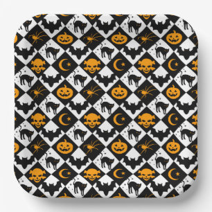 Halloween Black White Orange Harlequin Pattern Paper Plates