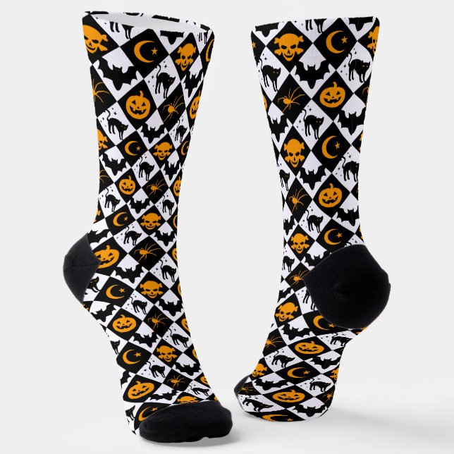Halloween Black White Orange Harlequin Pattern Socks (Angled)
