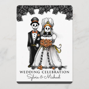 Halloween Black White Orange Skeleton Couple Invitation