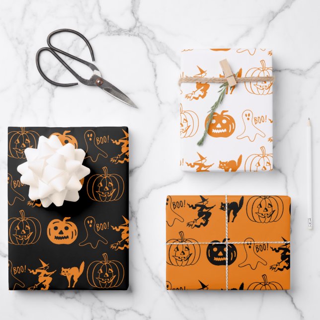 Halloween black white orange spooky pattern wrapping paper sheets (Front)