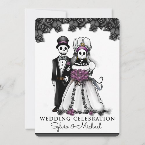 Halloween Black White Purple Skeleton Couple Invitation