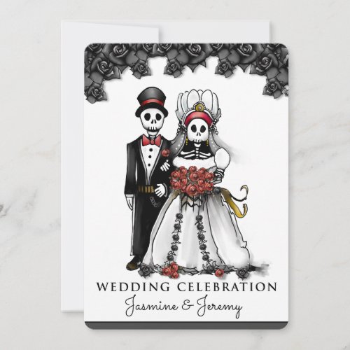 Halloween Black White Red Skeleton Couple Invitation