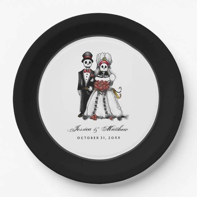 Halloween Black & White Red Skeletons Matching Paper Plates (Front)