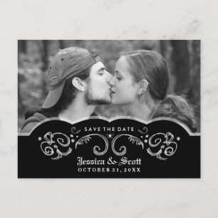 Halloween Black White Scroll Photo Save the Date Announcement Postcard