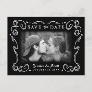 Halloween Black White Scroll Photo Save the Date Announcement Postcard