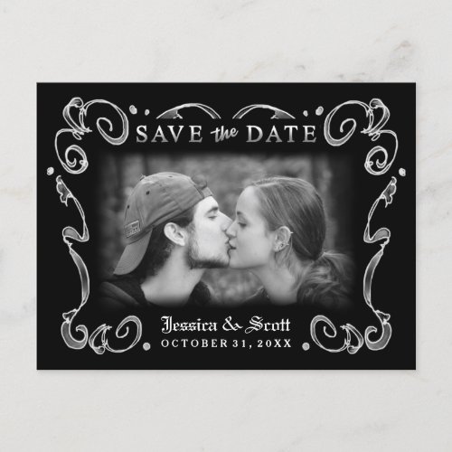 Halloween Black White Scroll Photo Save the Date Announcement Postcard