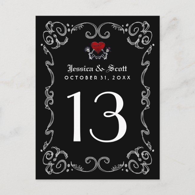 Halloween Black White Skeletons Heart Table Number (Front)