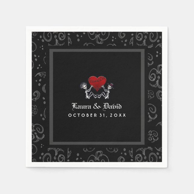 Halloween Black & White Skeletons & Heart Wedding Napkins (Front)