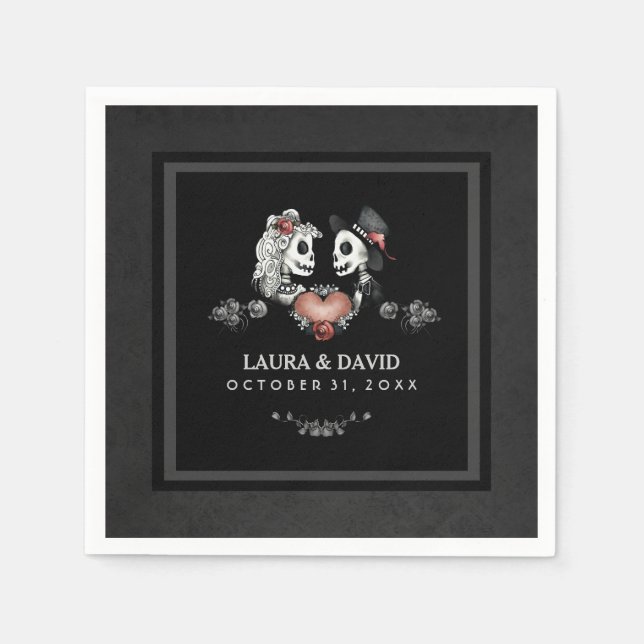 Halloween Black & White Skeletons & Heart Wedding Napkins (Front)