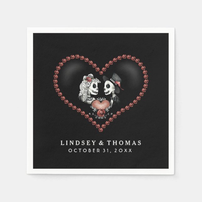 Halloween Black & White Skeletons & Heart Wedding Paper Napkins (Front)