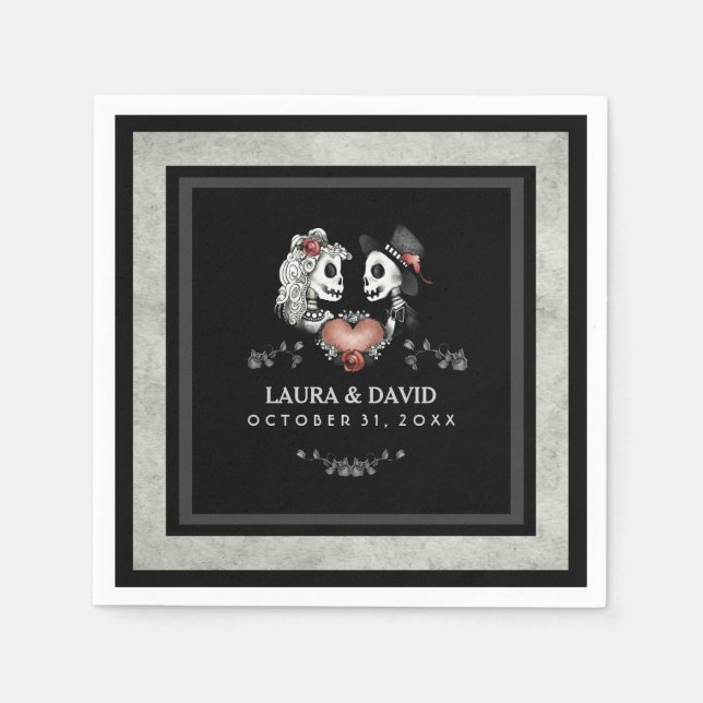 Halloween Black & White Skeletons & Heart Wedding Paper Napkins (Front)