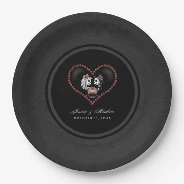 Halloween Black & White Skeletons Matching Wedding Paper Plates (Front)