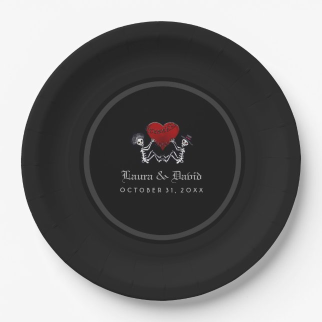 Halloween Black & White Skeletons Matching Wedding Paper Plates (Front)