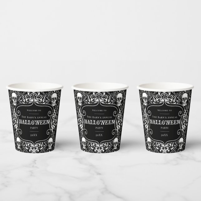 Halloween Black White Skull Damask Gothic Custom Paper Cups (Multi)