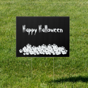 Halloween black white skulls pile custom text sign