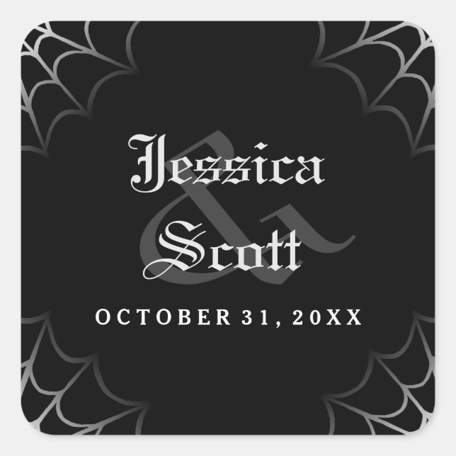 Halloween Black White Spider Web Gothic Wedding Square Sticker (Front)