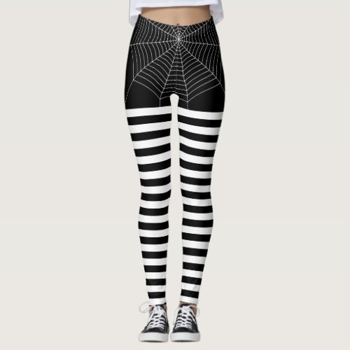 Halloween Black White spider web stripes pattern Leggings