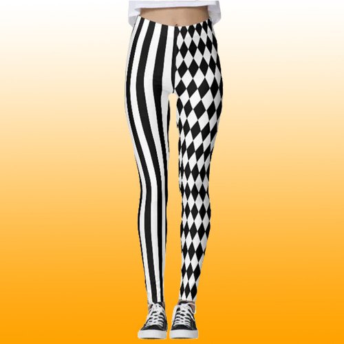 Halloween Black White Stripes Harlequin Pattern Leggings