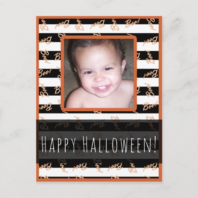 Halloween Black White Stripes Modern Boo Photo Postcard (Front)