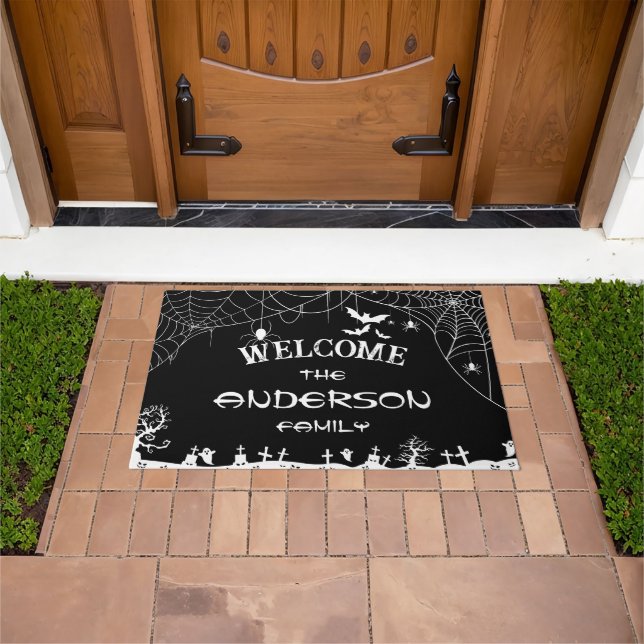 Halloween Black & White Web Spider Web Ghost Name  Doormat (Outdoor)