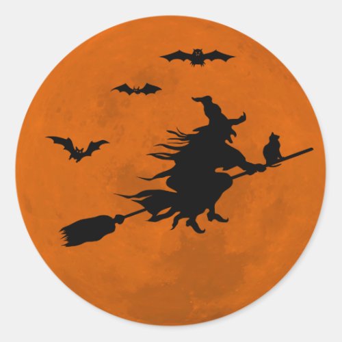 Halloween Black Wicked Witch Flying Orange Moon Classic Round Sticker