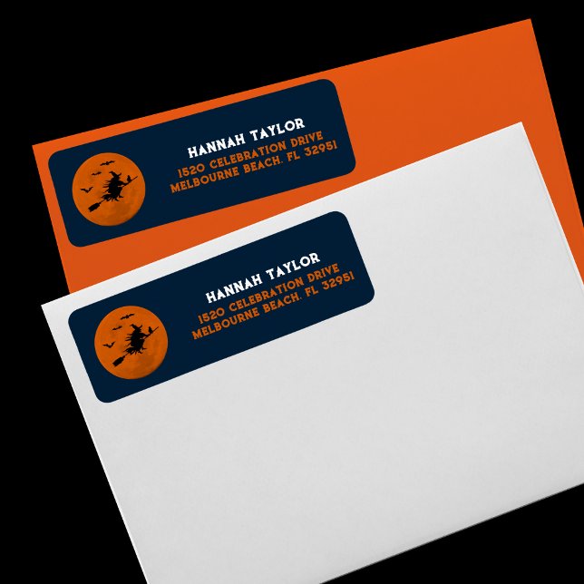 Halloween Black Wicked Witch Flying Orange Moon Label (witchy address label)