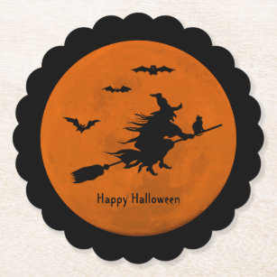 Halloween Black Wicked Witch Flying Orange Moon Paper Coaster