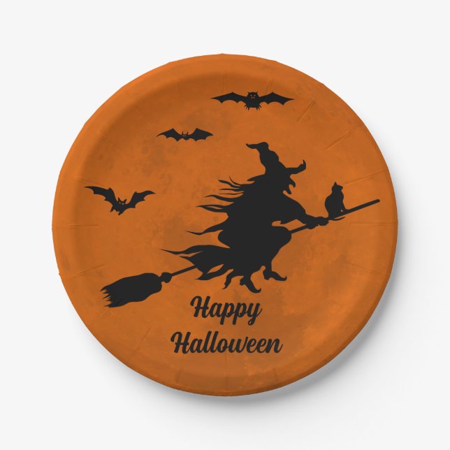 Halloween Black Wicked Witch Flying Orange Moon Paper Plates (Front)