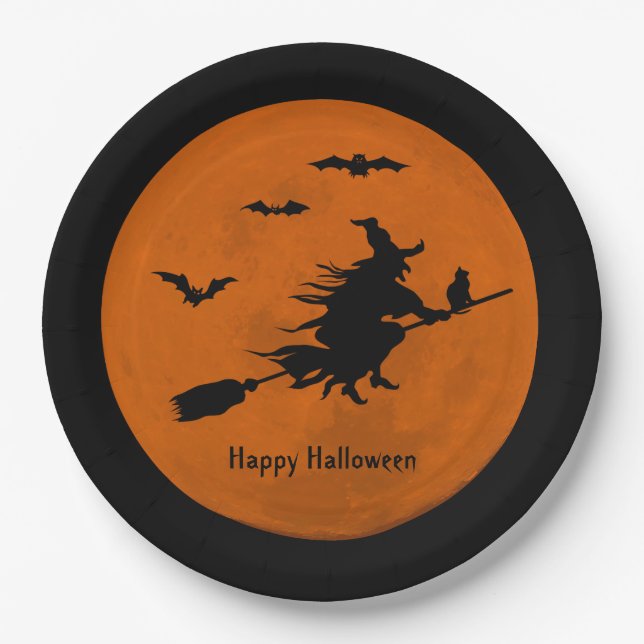 Halloween Black Wicked Witch Flying Orange Moon Paper Plates (Front)