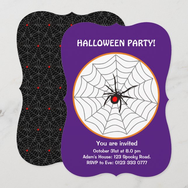 Halloween Black Widow Spider Invitation on Purple (Front/Back)
