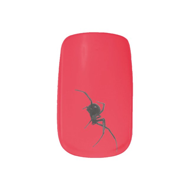 Halloween black widow spider on a red background minx nail art (Left Thumb)