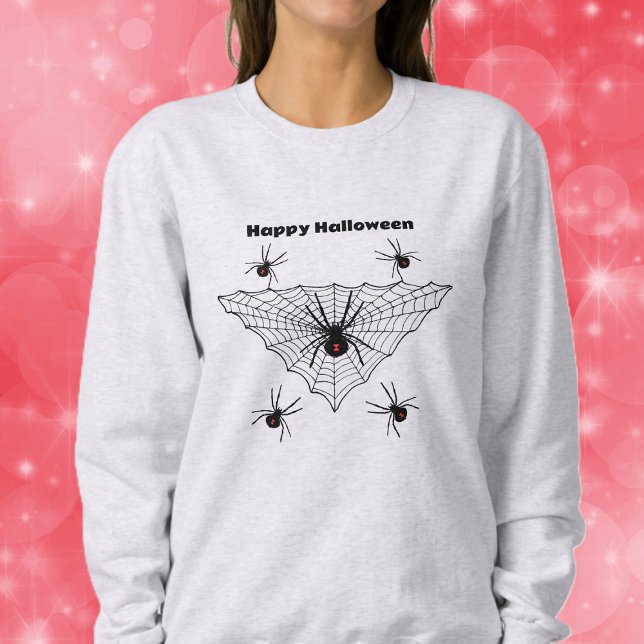 Halloween Black Widow Spiders in Web Red Hourglass Sweatshirt (Creepy black widow spiders red hourglass mark in black triangular web on Halloween sweatshirt.)