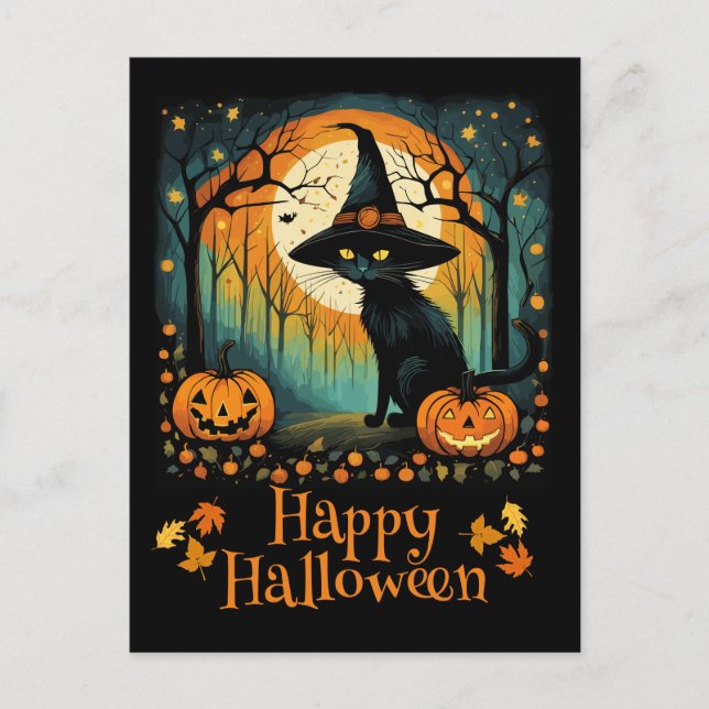 Halloween Black Witch Cat And Full Moon Pumpkin Postcard (Front)